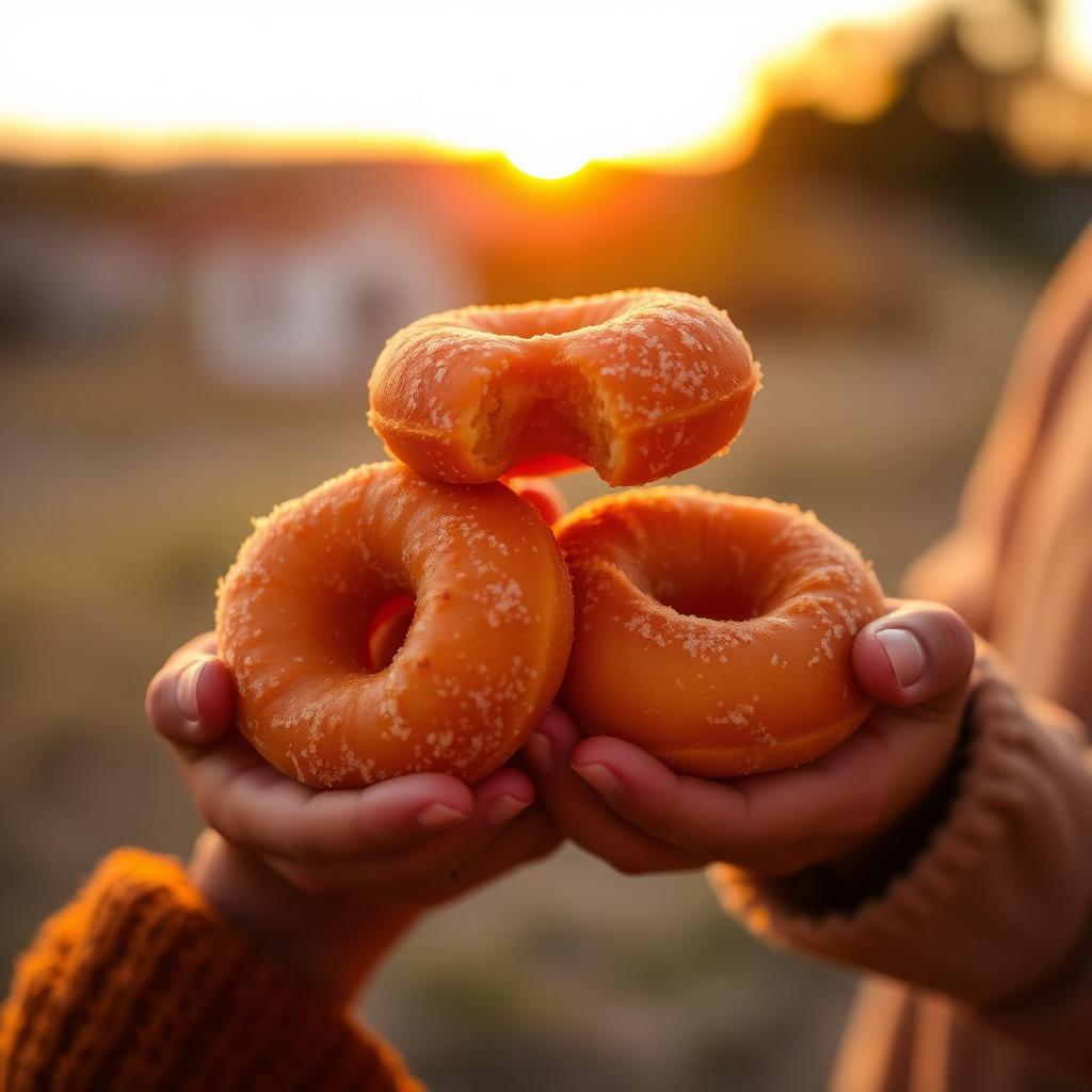 Hands holding fresh kokiyòl donuts